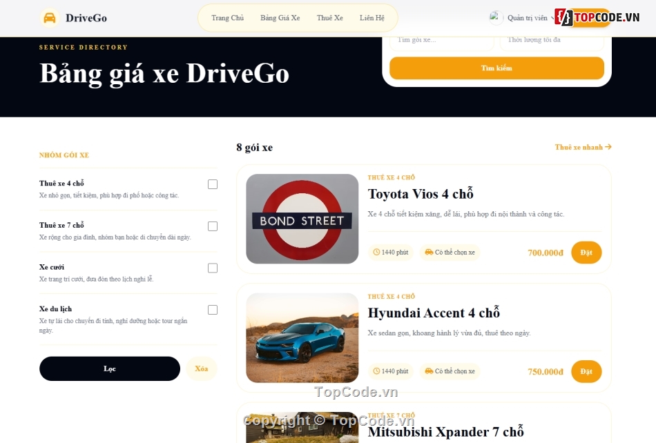 web đặt xe,web thuê xe,thuê xe
